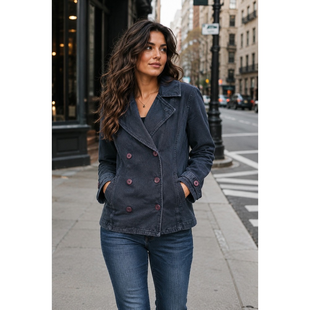 VTG AT Denim Double Breasted Womens Large Black Fly Coller Denim Pea Coat Jacket